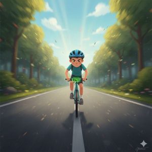 O Ciclista Téo e a Lição do Caminho 2 Téo, equipado com o melhor capacete aerodinâmico, sapatilhas de fibra de carbono e um ciclocomputador que não parava de apitar, Téo era uma verdadeira máquina de pedalar.