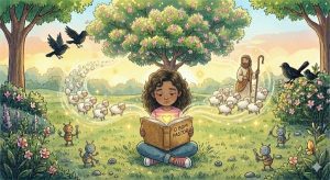 O Resgate de Lucas : Quando Eu Fui a Ovelha Perdida 1 Ana lendo a história sobre o pastor e as ovelhas