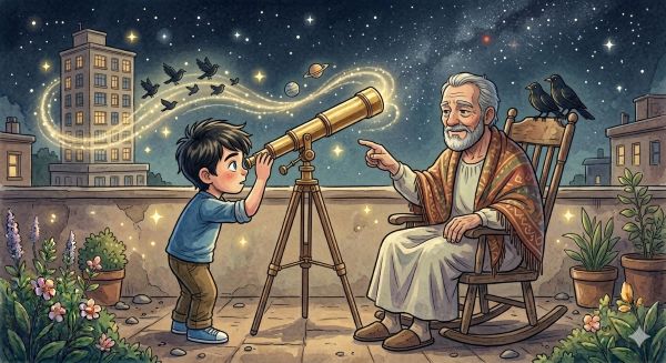 Zeca com seu avô observando o Universo pelo telescópio
